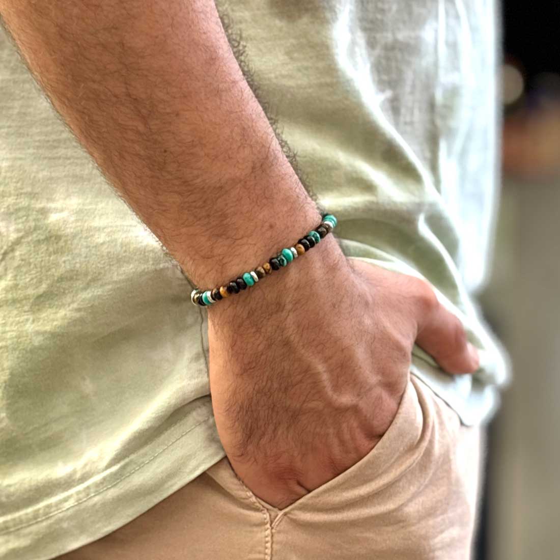 Pulsera Macramé Ojo de Tigre Facetado, Ónix, Turquesa y Acero