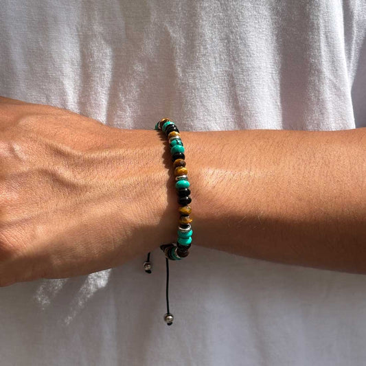 Pulsera Macramé Ojo de Tigre Facetado, Ónix, Turquesa y Acero