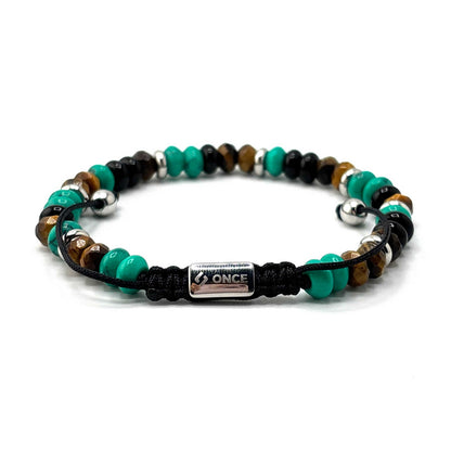 Pulsera Macramé Ojo de Tigre Facetado, Ónix, Turquesa y Acero