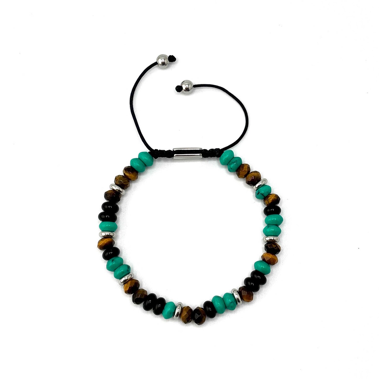 Pulsera Macramé Ojo de Tigre Facetado, Ónix, Turquesa y Acero