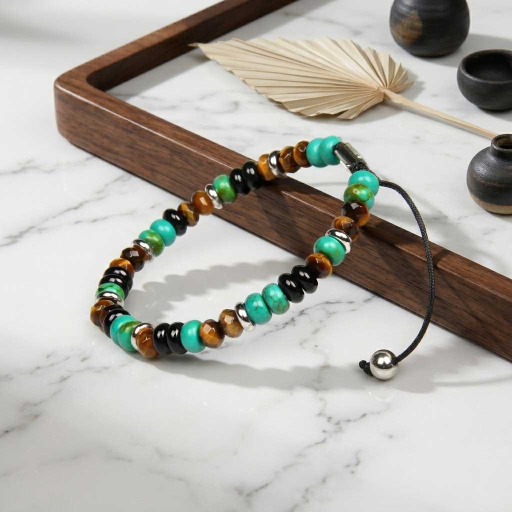 Pulsera Macramé Ojo de Tigre Facetado, Ónix, Turquesa y Acero