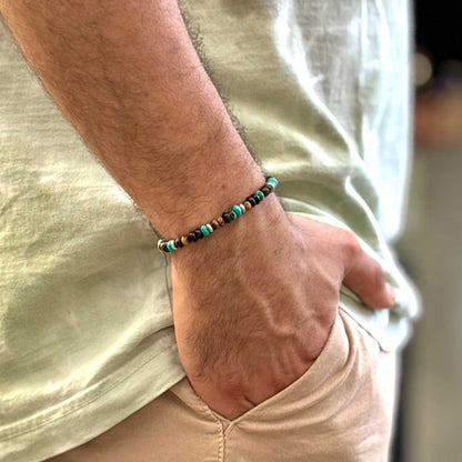 Pulsera Macramé Ojo de Tigre Facetado, Ónix, Turquesa y Acero