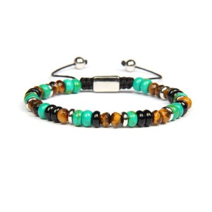 Pulsera Macramé Ojo de Tigre Facetado, Ónix, Turquesa y Acero